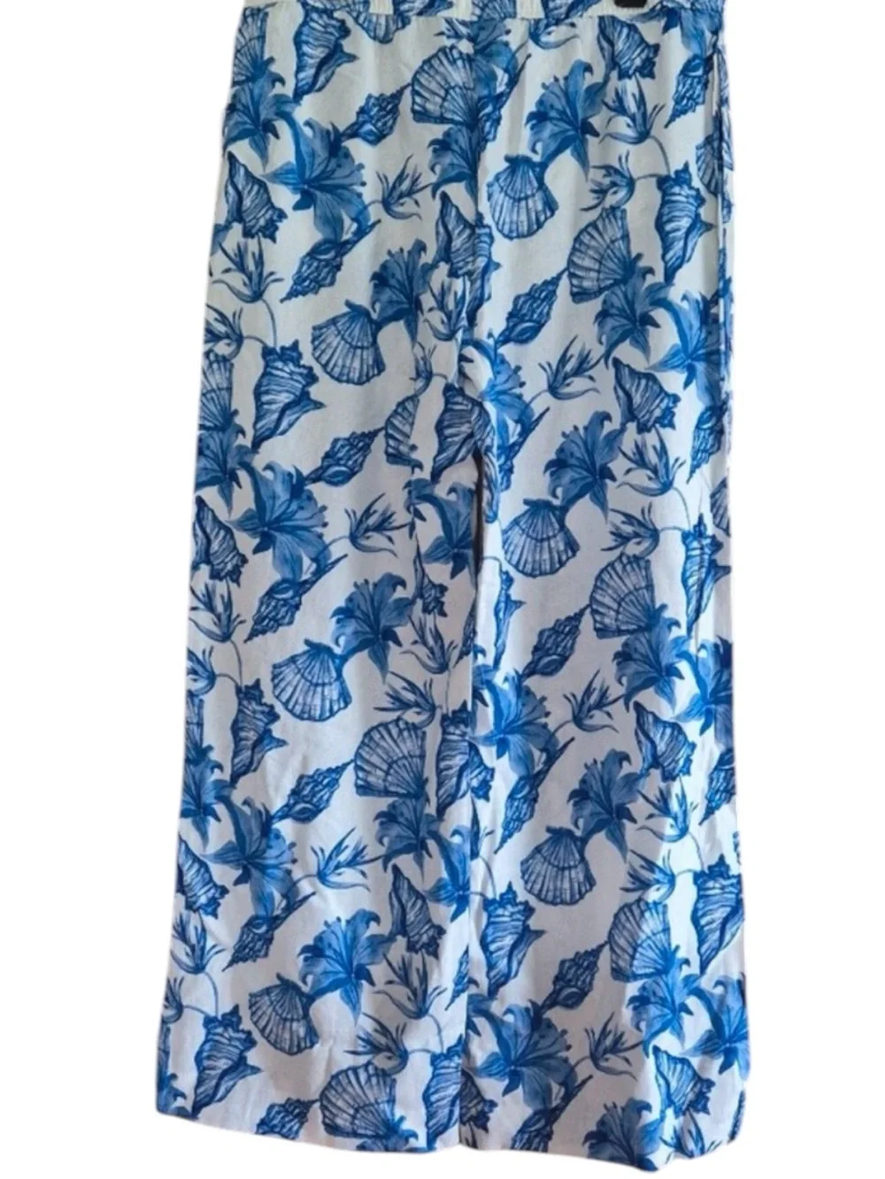 KATHERINE BARCLAY Blue Shell-Print Linen Blend Relaxed Fit Pants—Multi Sizes NWT